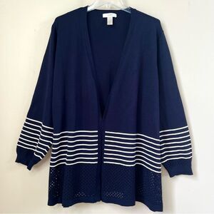 CJ Banks Preppy Navy White Striped Open Front Laser Cut Cardigan Sweater SZ 3X